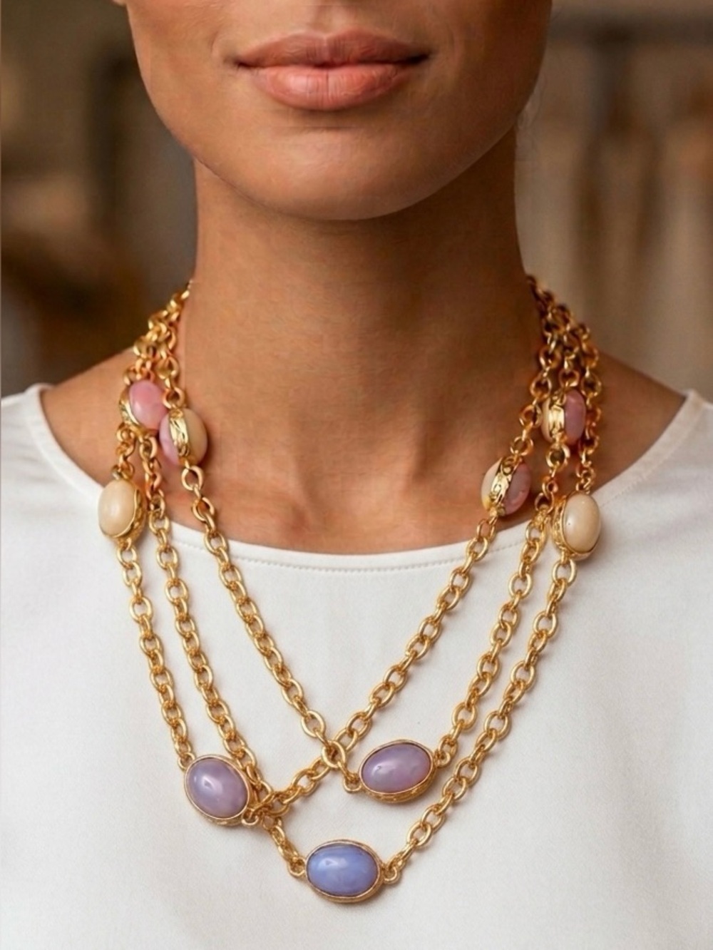 Vintage Gold Chain Necklace w/ Pastel Glass Stone - Pink, Cream, Lavender, Blue